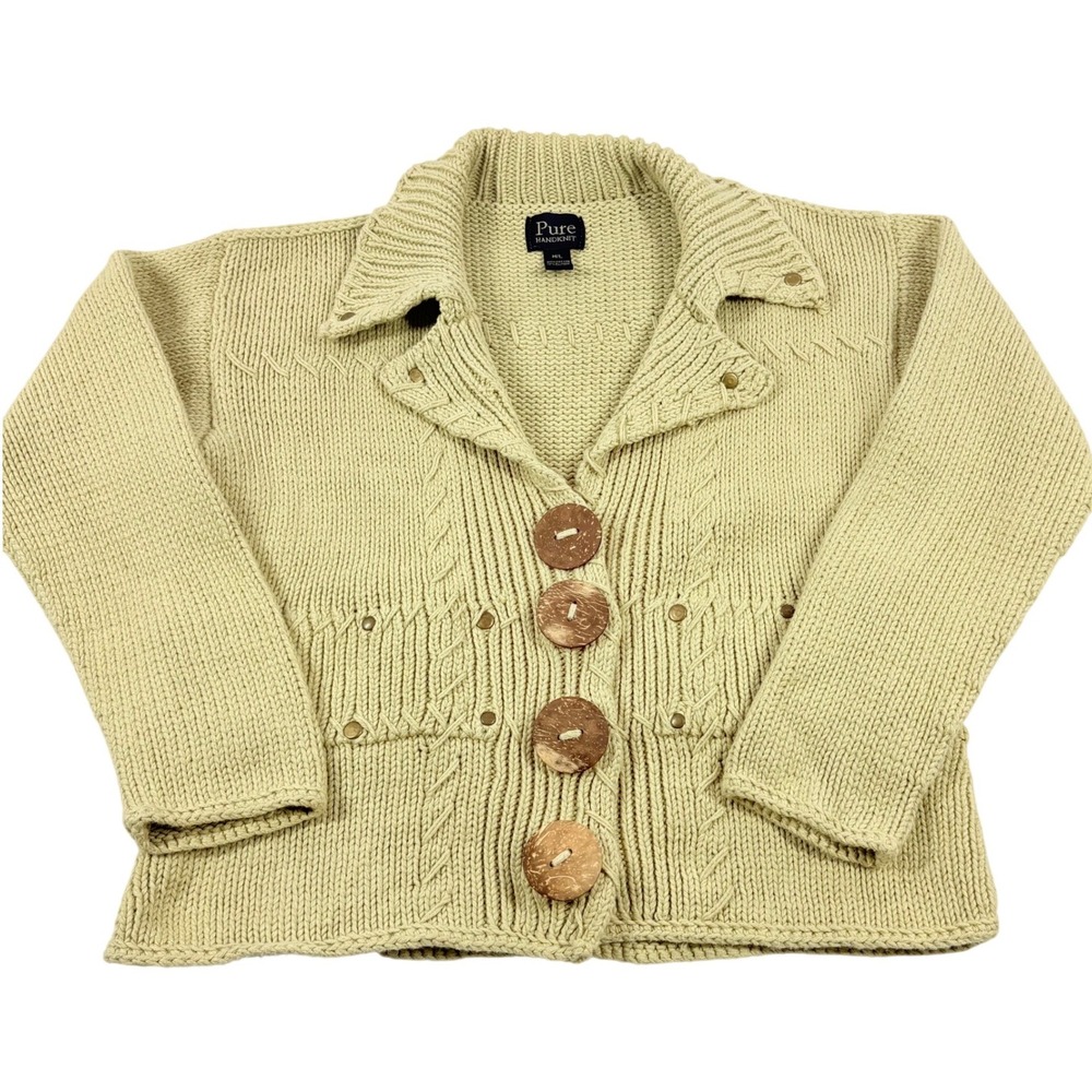 Pure Handknit Yellow Tan Cotton‎ Chunky Wood Button Cardigan Sweater M/L Granny
